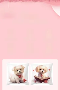 Detail of square cushion covers featuring cute white puppies and red Valentine hearts