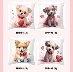 Detailed grid view of four heart-themed dog print pillow covers for Valentine's Day decor
