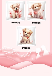 Three square pillow covers with cute watercolor puppies, hearts and roses patterns