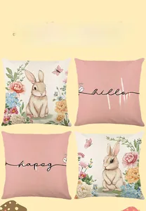 Set of four Easter pillow covers featuring hand-drawn rabbits and festive spring lettering