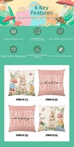 Detailed close-up of four Easter pillow covers with bunny motifs and spring lettering