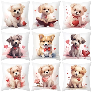 Valentine's Day Cute Cartoon Dog Print Pillowcase Love Heart Pattern Polyester Square Decorative Cushion Cover For Sofa
