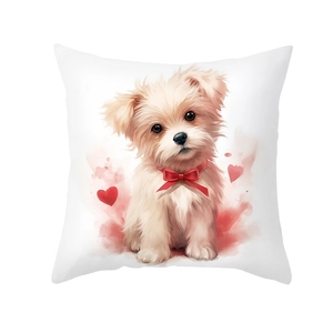 White pillow cover with cute puppy print and red hearts for Valentine's Day decor
