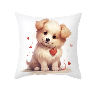 Cute puppy illustration cushion cover with red hearts for Valentine’s Day decor