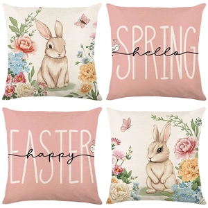 Easter Cushion Cover Polyester Imitation Linen Rabbit Egg Flower Spring Decorative Pillowcase For Sofa Home Decor