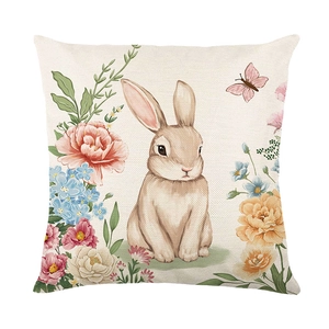 Easter rabbit pillowcase with floral print and colorful butterflies on polyester fabric