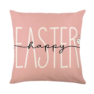 Pink Easter cushion cover with Happy Easter text and bird illustration on white background