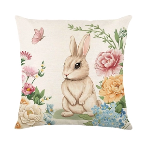 Easter rabbit floral throw pillow cover with a rustic linen texture and butterfly design