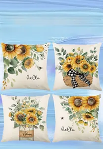 Lot de 4 housses de coussin à imprimé tournesol avec motifs rustiques et texte floral