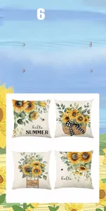 Détails de quatre housses de coussin imprimé tournesol avec texte hello summer sur beige