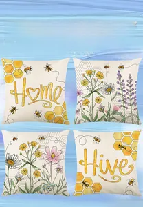 Set of four cotton linen bee and floral print pillow covers with Home and Hive text