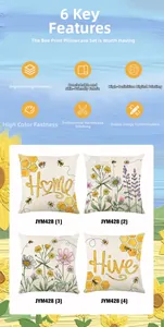 Detail of bee and floral cushion covers with features including digital printing and sewing