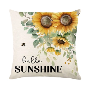 Housse de coussin carrée avec tournesols, abeille et texte Hello Sunshine décoratif