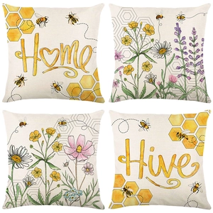 Bee Floral Cushion Covers Linen Like Polyester Decorative Pillowcases For Living Room Sofa Farmhouse Style