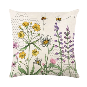 Square bee and wildflower print pillowcase with linen texture for home sofa decoration