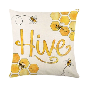 Square linen pillow cover with yellow honeybee and hive pattern for home decor