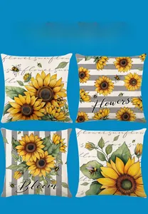 Close-up of set of four sunflower and honey bee printed decorative pillow covers