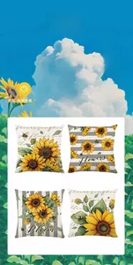 Detail showing four sunflower and bee themed pillow covers with striped patterns