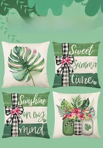 Detailed set of four tropical green leaf pillow covers with summer themed text patterns