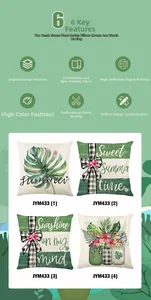 Detailed views of polyester pillow covers featuring tropical leaves and floral patterns