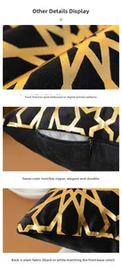 Detail of gold foil geometric pattern and invisible zipper on black velvet cushion cover
