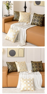 Macro shot of geometric gold foil patterns on luxury plush decorative pillow covers
