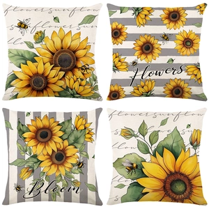 Sunflower Bee Decorative Throw Pillow Covers Polyester Linen Texture Square Printed Cushion Cases Home Sofa Farmhouse Style