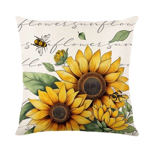 Sunflower and bee print throw pillow cover made of linen-textured polyester for sofa