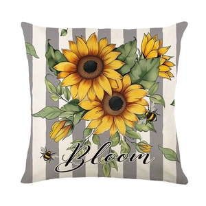 Sunflower and bee print throw pillow cover with grey stripes and Bloom text print