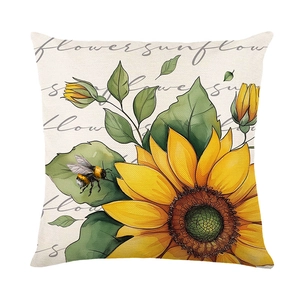 Sunflower and bee print throw pillow cover with decorative script on white background