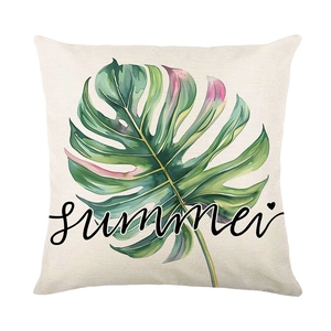 Square polyester pillow cover featuring tropical monstera leaf print and Summer lettering