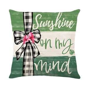 Green striped pillow cover with floral ribbon and 'Sunshine on my mind' typography