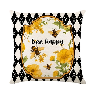 Bee Happy decorative pillow cover with floral honeybee print and black checkers