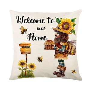 Square bee and sunflower throw pillow cover with Welcome to our Home lettering