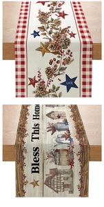 Detail of USA Independence Day table runners with festive prints and rustic textures