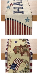 Detail of linen texture and patriotic Independence Day patterns on a rustic table runner