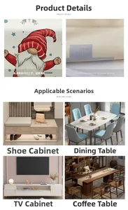 Detail of digital gnome print on polyester table runner with various home decor scenes