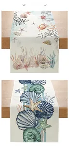 Detailed comparison of two ocean life print table runners with shells and starfish patterns