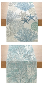 Detail of ocean-themed table runners featuring blue coral, starfish and seashell patterns