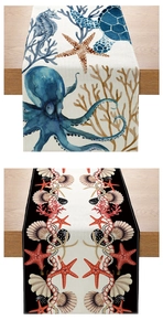 Detailed view of ocean-themed table runners featuring starfish, corals, and sea turtles