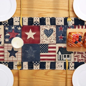 Rustic Independence Day table runner with stars and stripes on a wooden dining table