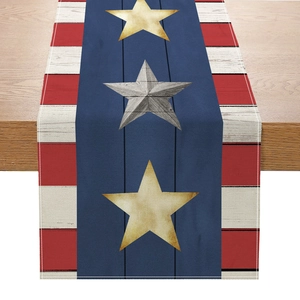 American Independence Day table runner with US flag stripes and rustic stars on a wooden table