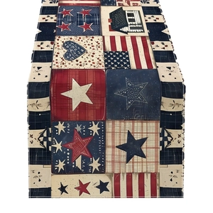 Independence Day table runner with red white blue stars and stripes on rustic linen fabric