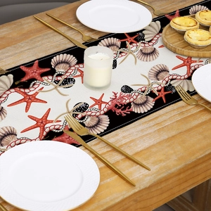Marine life table runner featuring starfish and coral prints for coastal dining decor