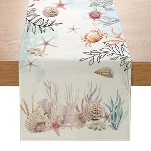 Nautical table runner with watercolor starfish and crab print on linen texture fabric