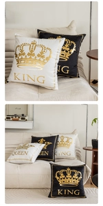 Macro detail of plush velvet texture with gold crown print and KING QUEEN lettering
