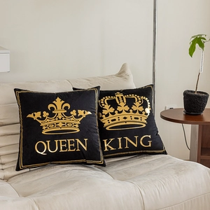 Set of two black velvet pillow covers with gold King and Queen crown foil printing