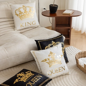 Plush black and white square pillow covers with gold crown King and Queen printing