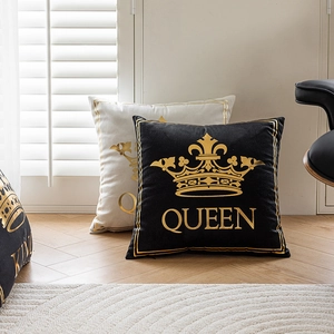 Luxurious black and white crown print pillow covers with gold King and Queen embroidery