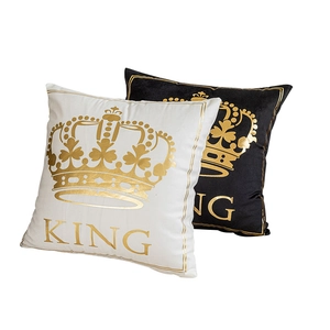 Black and white velvet pillow covers with gold crown print and King text decoration